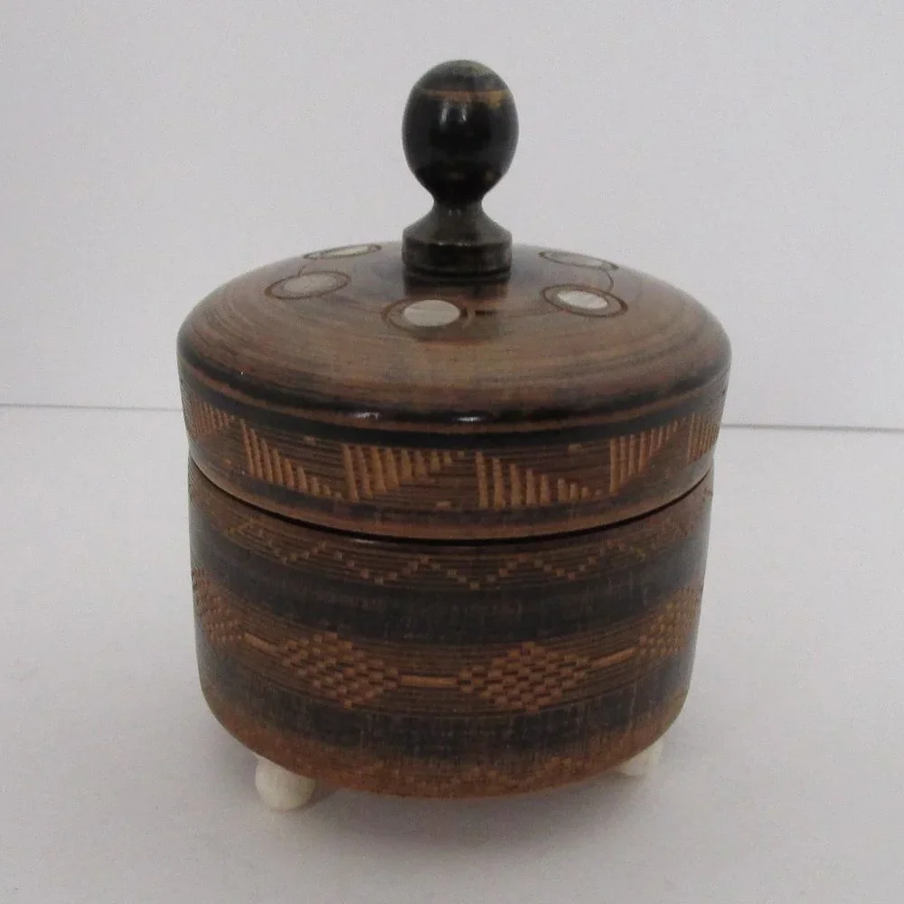 souvenir carved wood footed trinket box